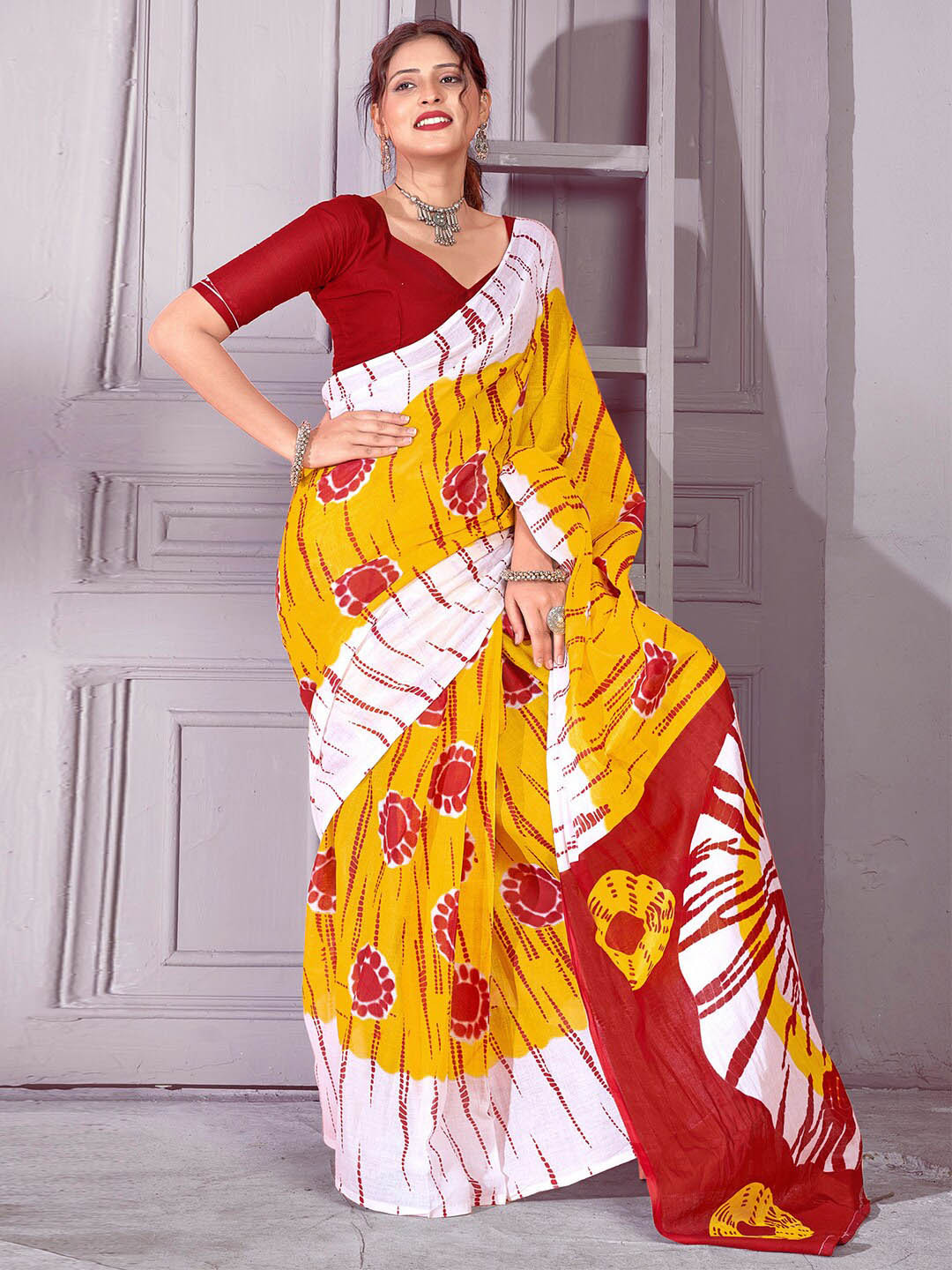 

Saree mall Tie and Dye Poly Cotton Saree, Yellow