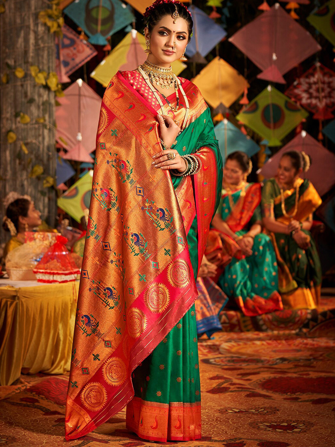 

Saree mall Woven Design Zari Paithani Saree, Green