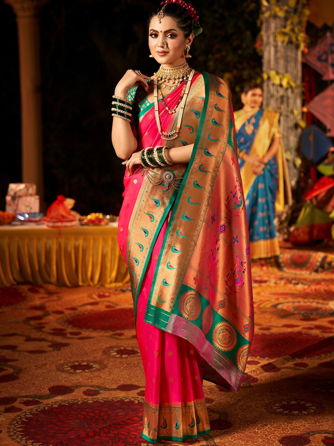 

Saree mall Ethnic Motifs Woven Designed Zari Paithani Sarees, Pink