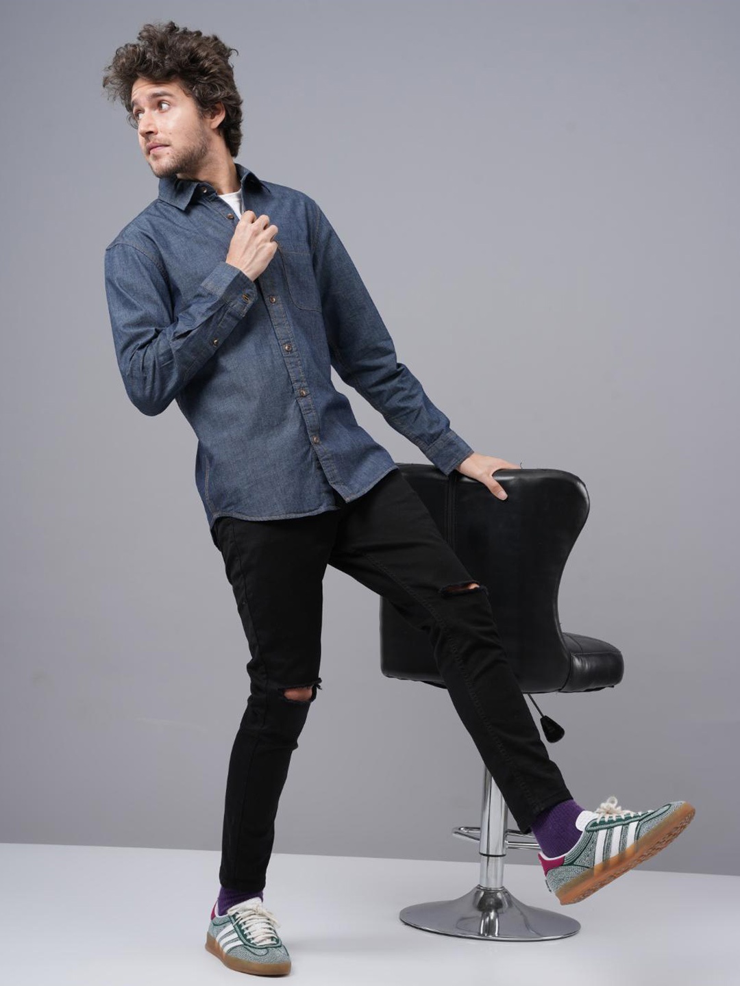 

Jean Cafe Premium Slim Fit Cotton Denim Casual Shirt, Blue