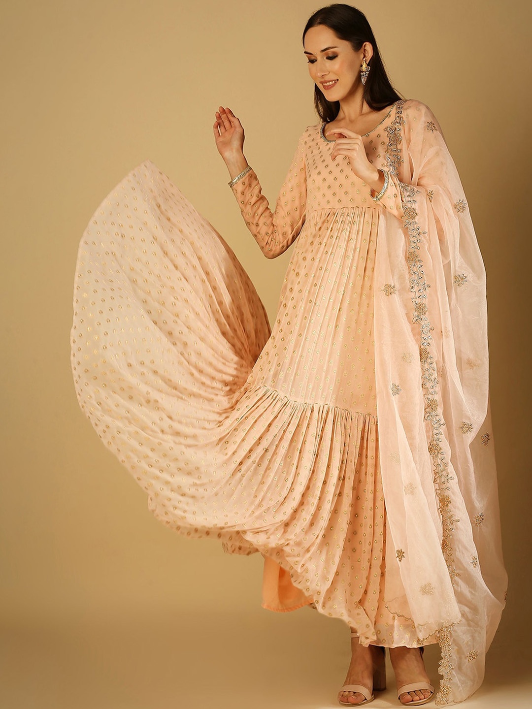 

Monk & Mei Flared Sleeves Brocade Georgette Anarkali Kurta, Peach