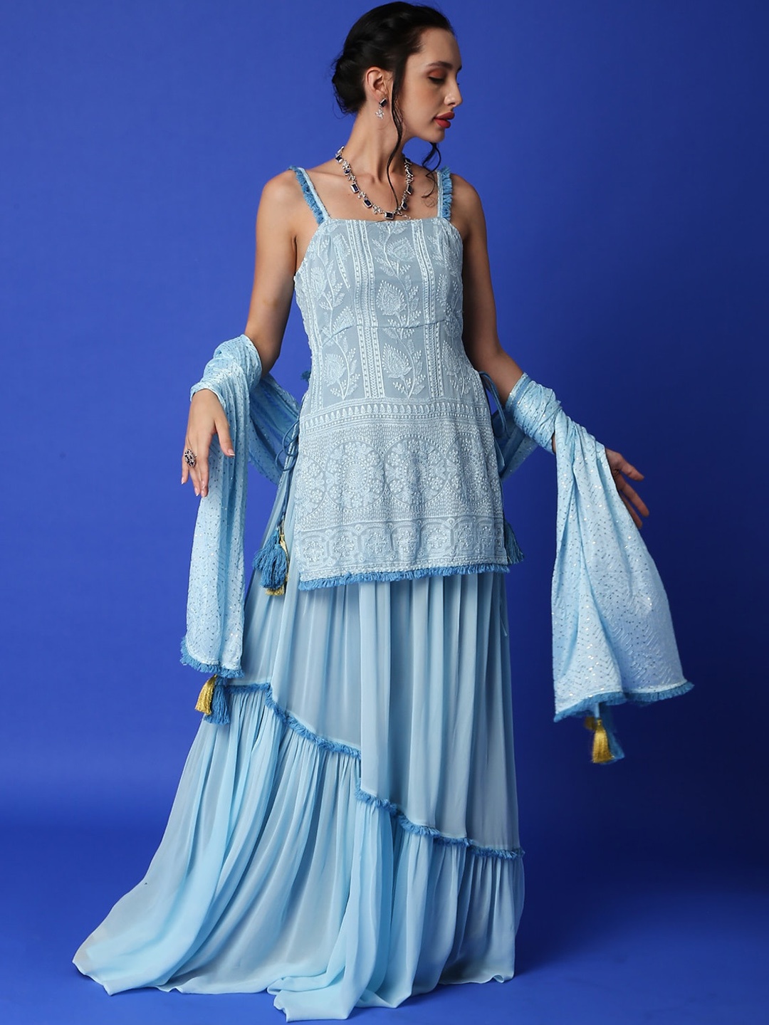 

Monk & Mei Ethnic Motifs Embroidered Chikankari Georgette Kurta, Blue