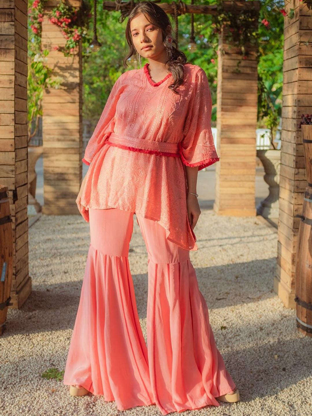 

Monk & Mei V Neck Printed Georgette Kurta, Peach