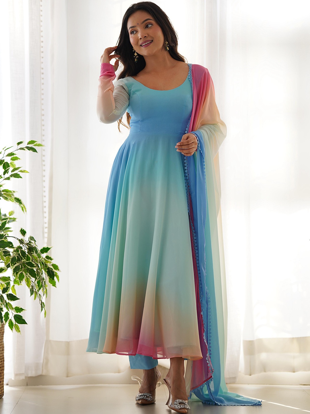 

KALINI Ombre Long Sleeves Georgette Anarkali Kurta With Trouser & Dupatta, Blue