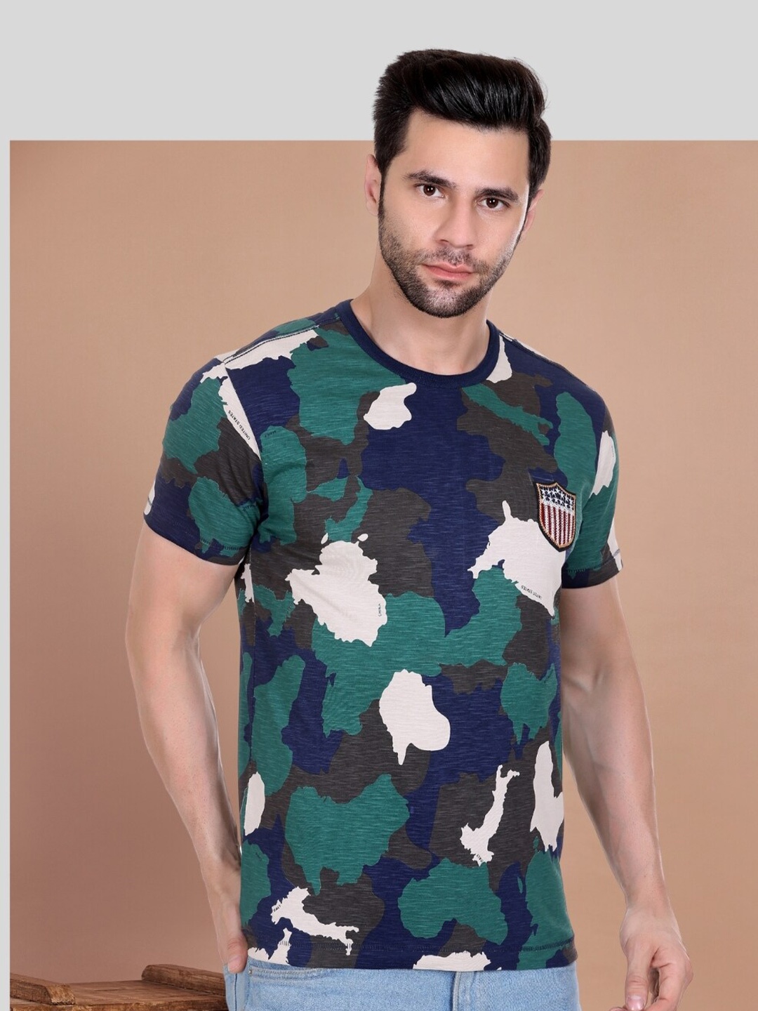 

AXMANN Plus Size Abstract Printed Round Neck Cotton T-shirt, Green