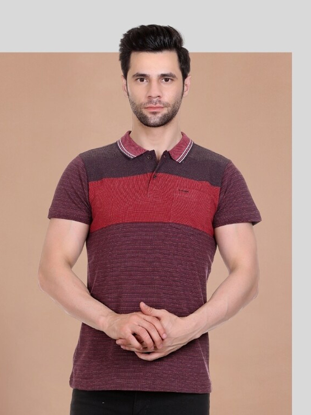 

AXMANN Striped Polo Collar Cotton T-shirt, Maroon