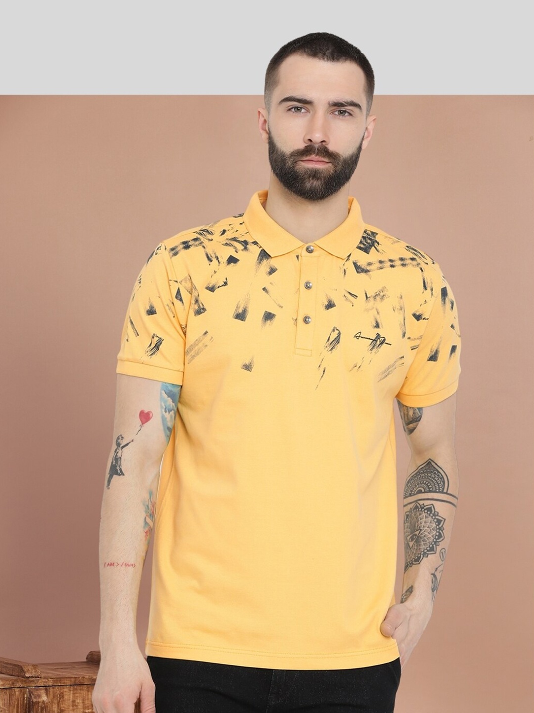 

AXMANN Printed Polo Collar Cotton T-shirt, Yellow