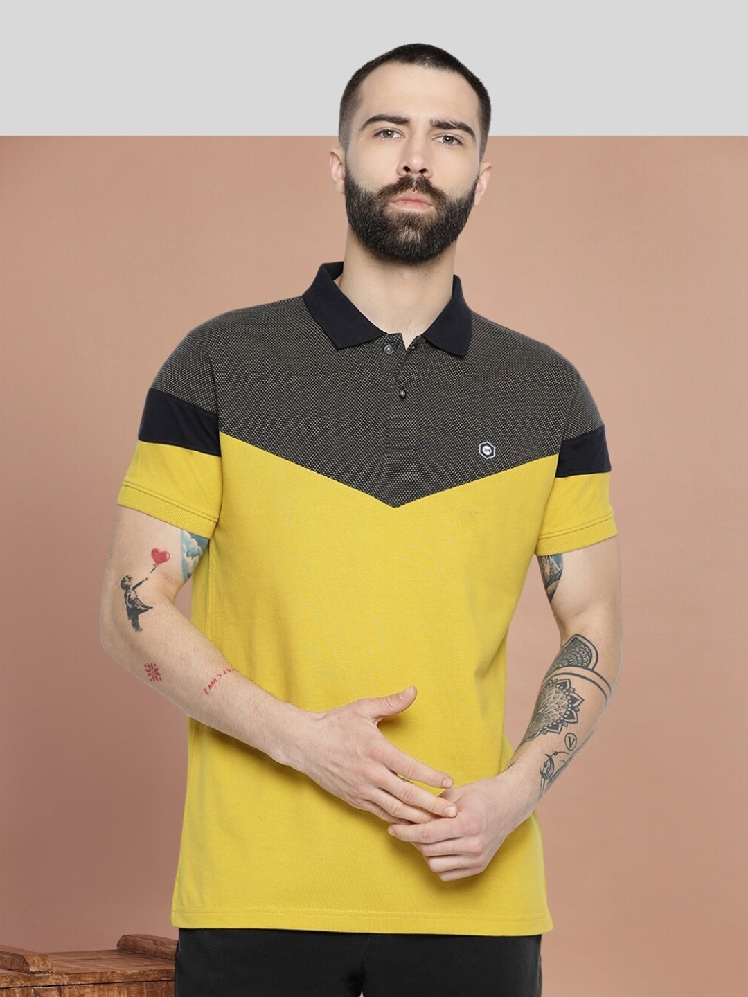 

AXMANN Colourblocked Polo Collar Short Sleeves Cotton T-shirt, Yellow