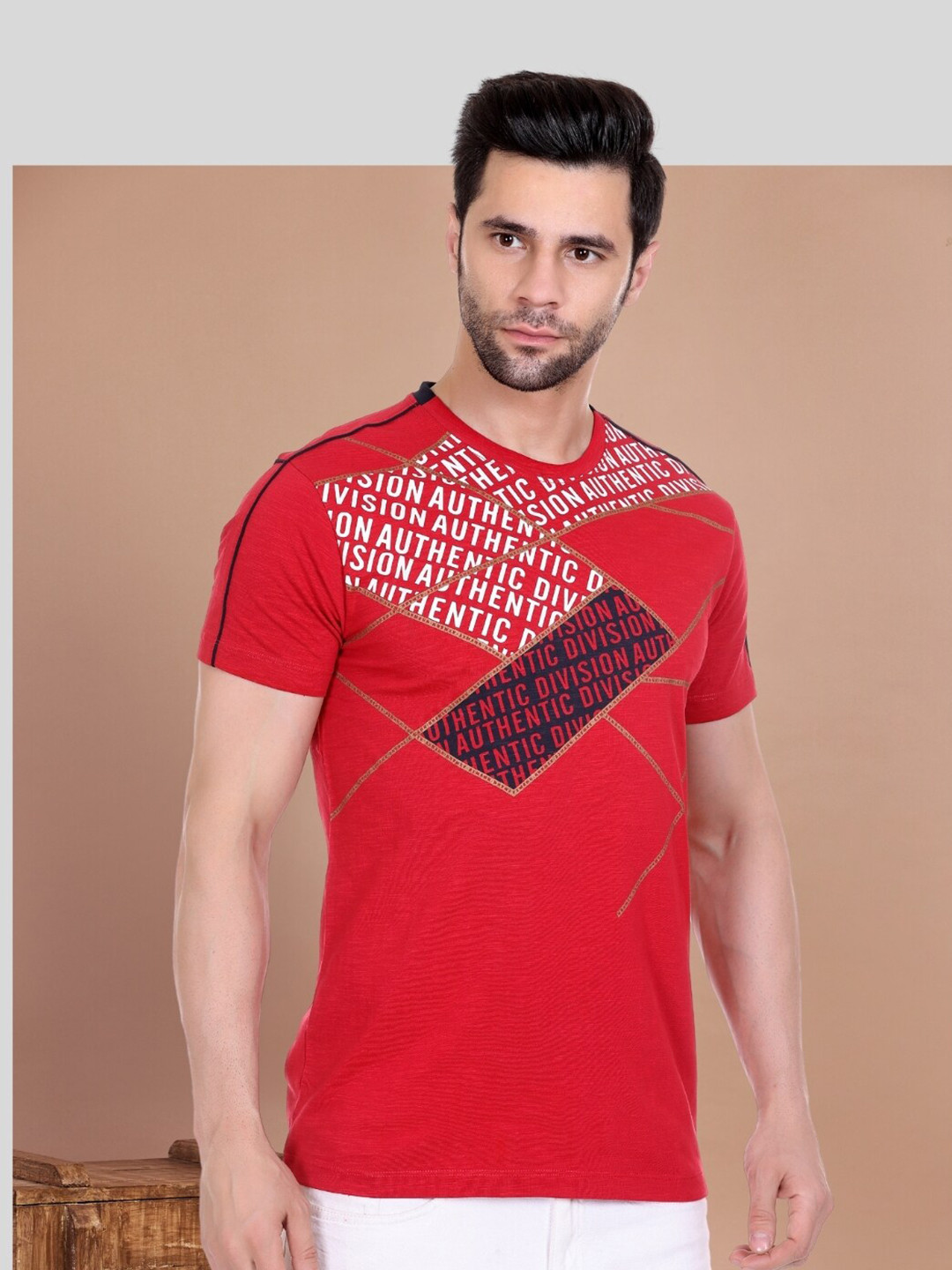 

AXMANN Typography Printed Cotton Round Neck Short Sleeves Casual T-shirt, Red