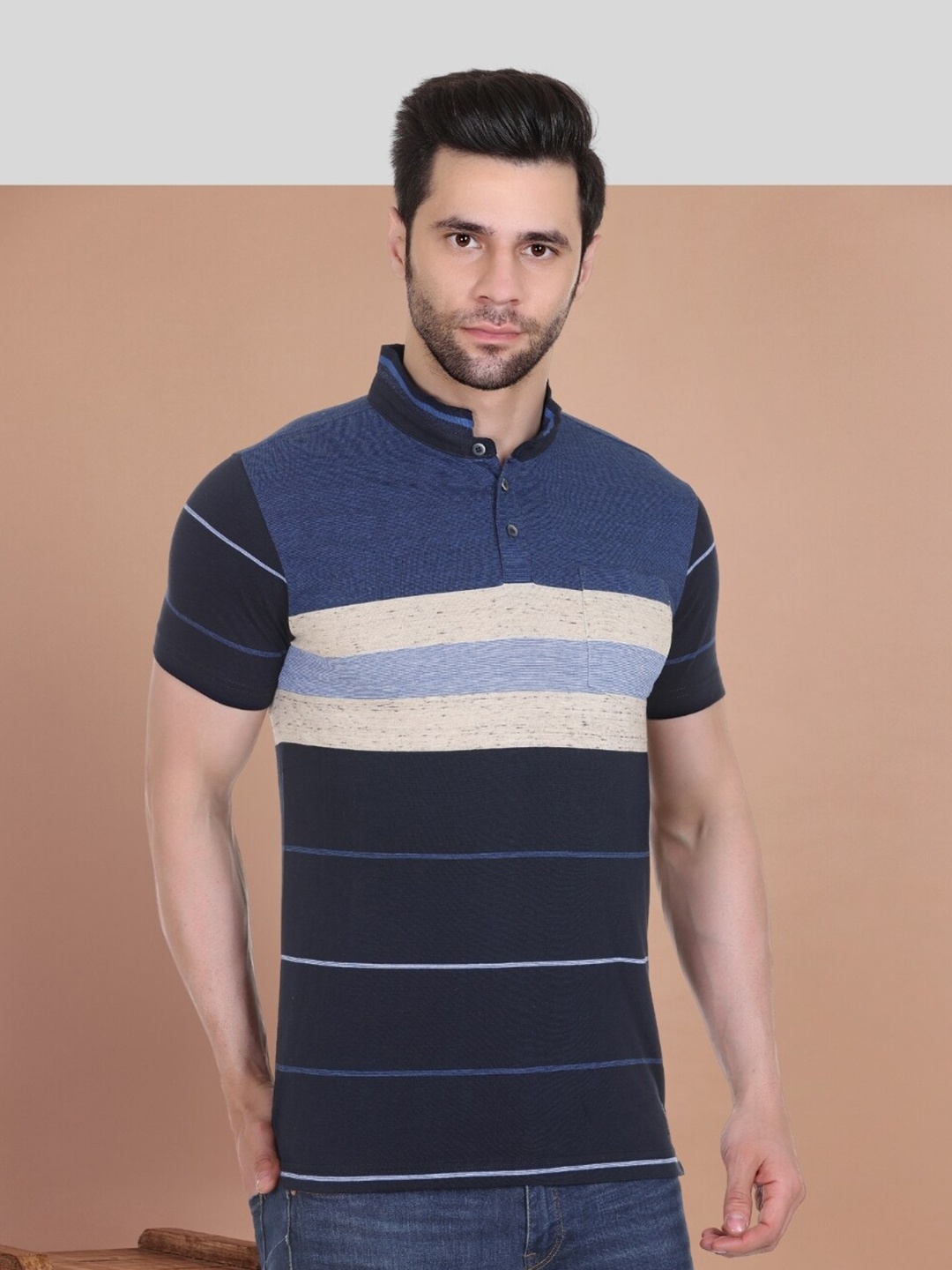

AXMANN Striped Cotton Mandarin Collar Pockets Casual T-shirt, Navy blue