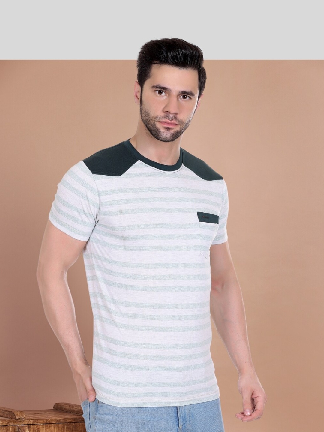 

AXMANN Striped Cotton Round Neck Short Sleeves Pockets Casual T-shirt, Green