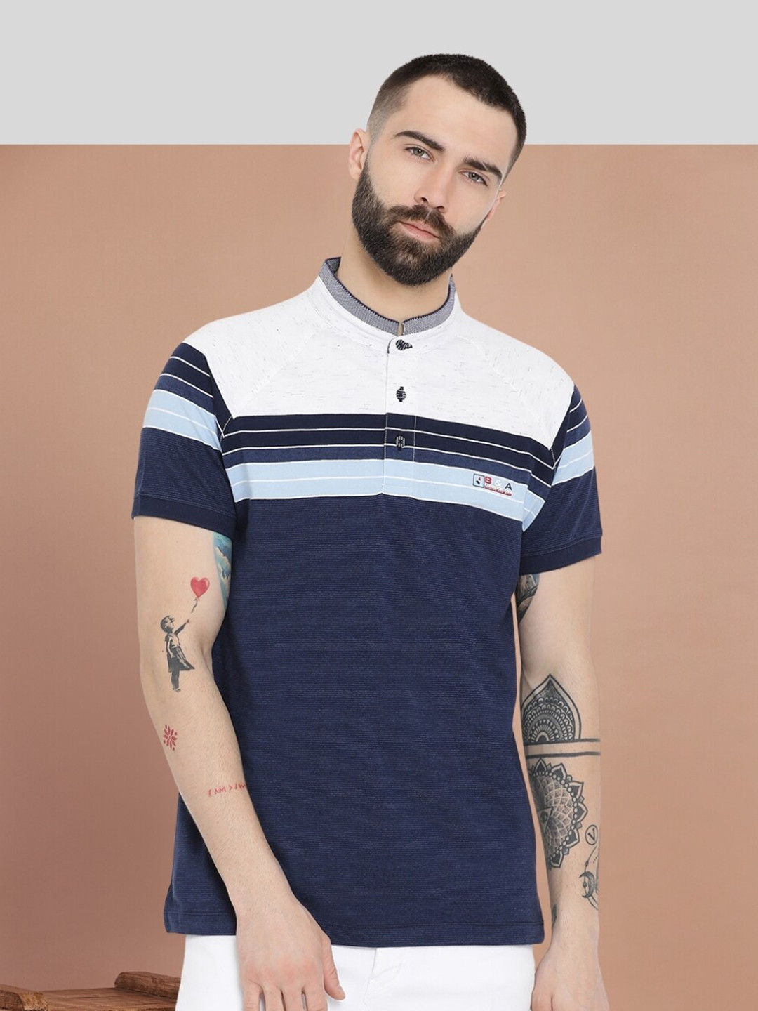 

AXMANN Striped Cotton Mandarin Collar Short Sleeves Pockets Casual T-shirt, Navy blue