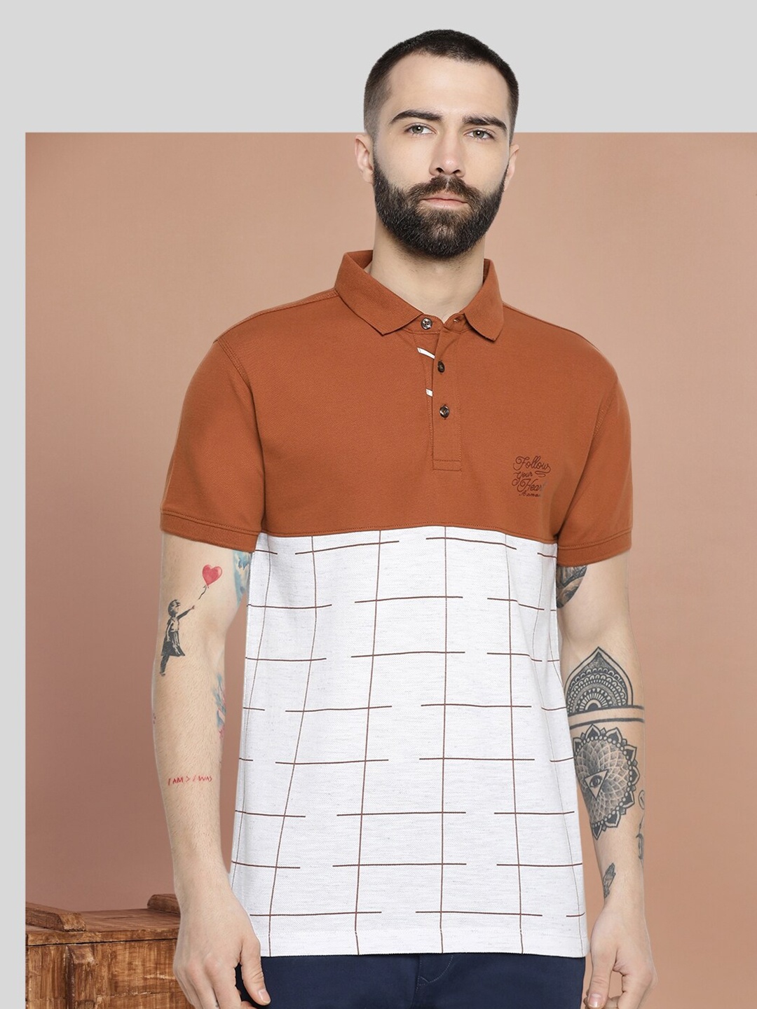 

AXMANN Checked Cotton Polo Collar Short Sleeves Pockets Casual T-shirt, Rust