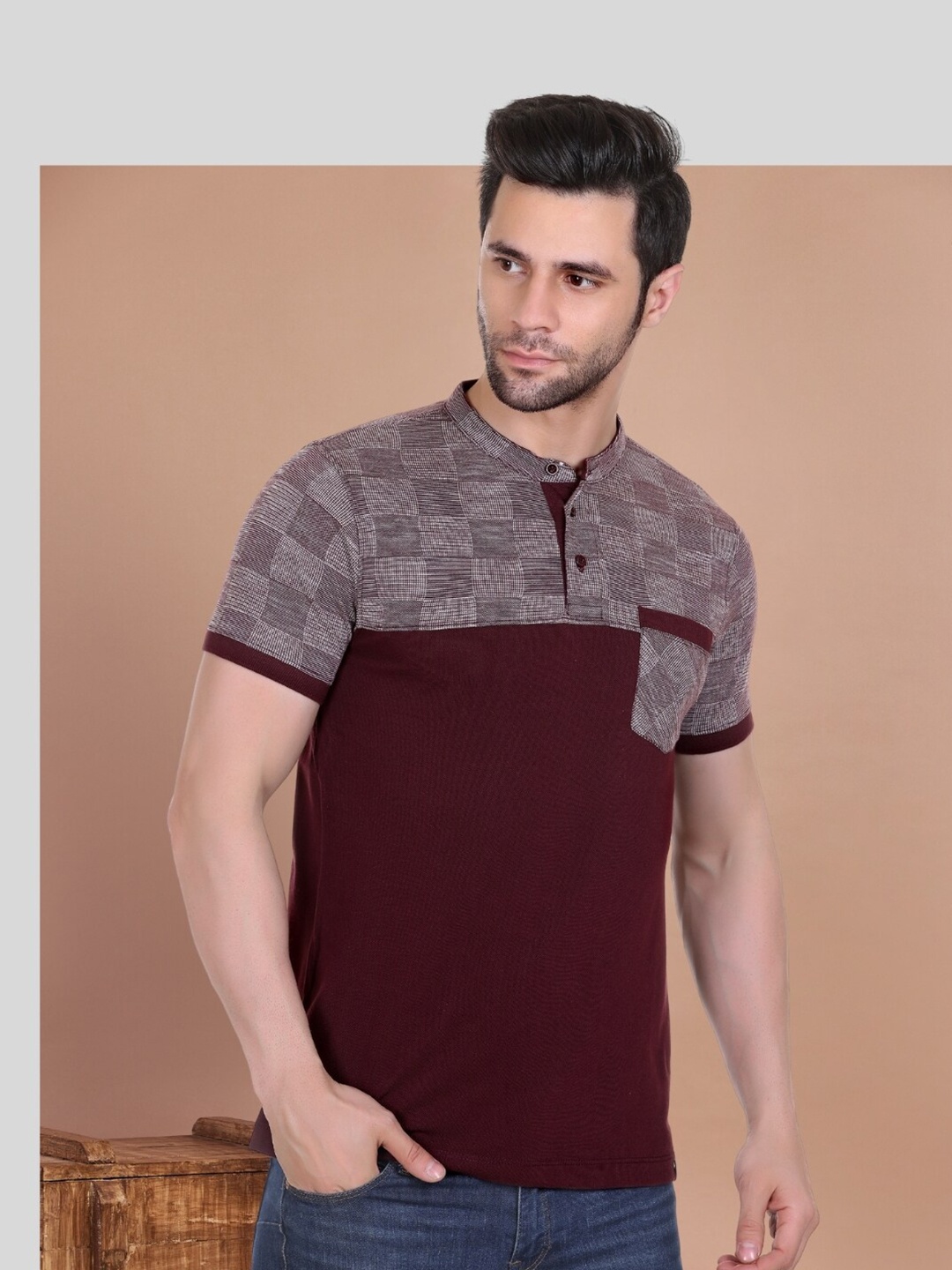 

AXMANN Printed Cotton Henley Neck Short Sleeves Pockets Short Sleeves Casual T-shirt, Maroon