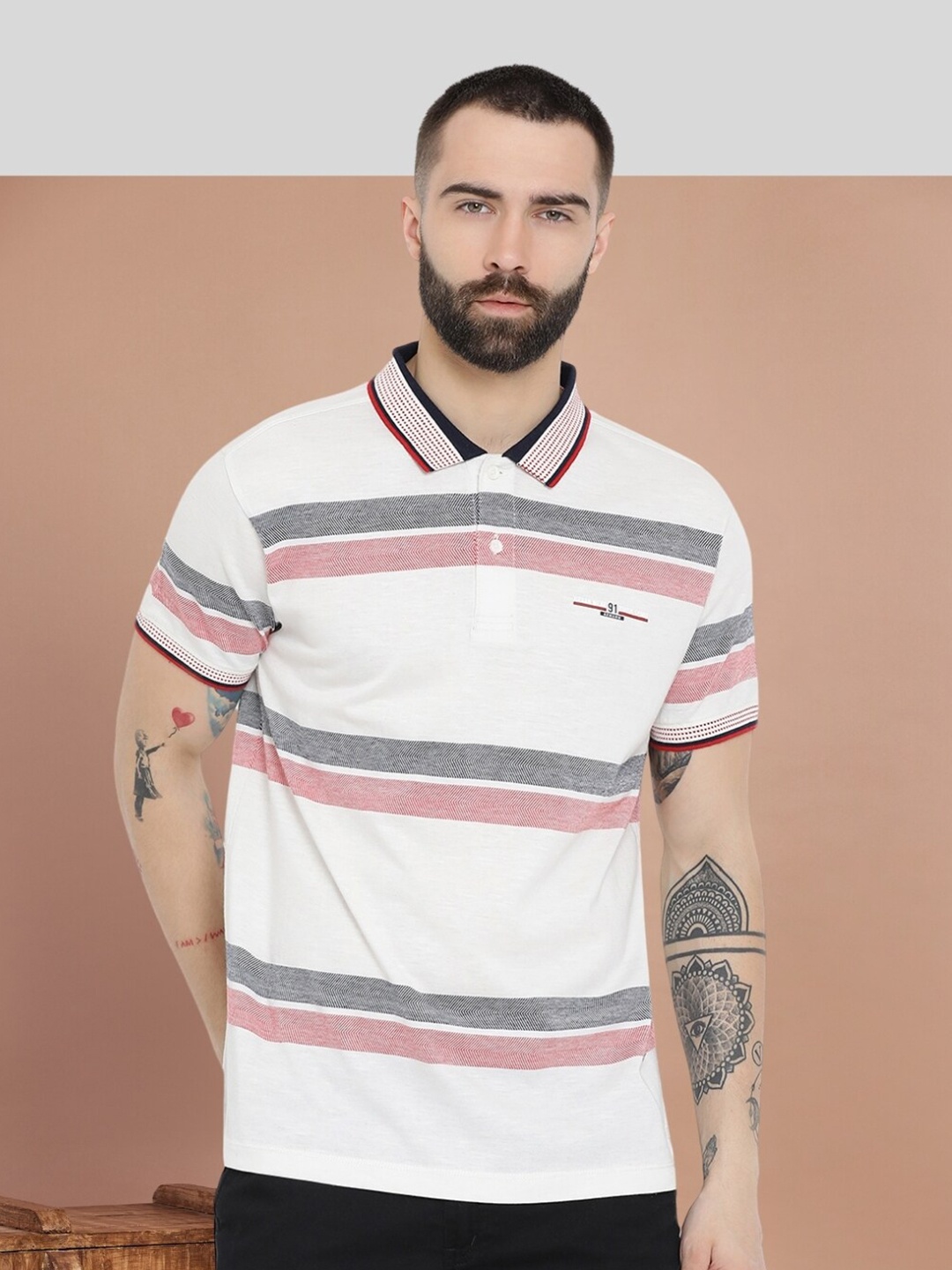 

AXMANN Striped Cotton Polo Collar Short Sleeves Pockets Casual T-shirt, White