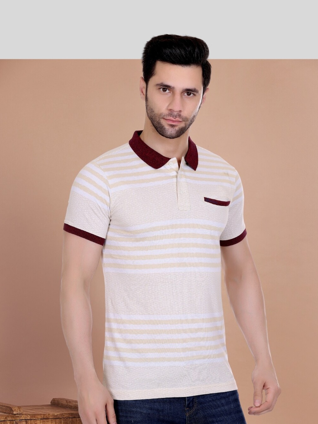 

AXMANN Striped Cotton Polo Collar Short Sleeves Applique Casual T-shirt, Beige
