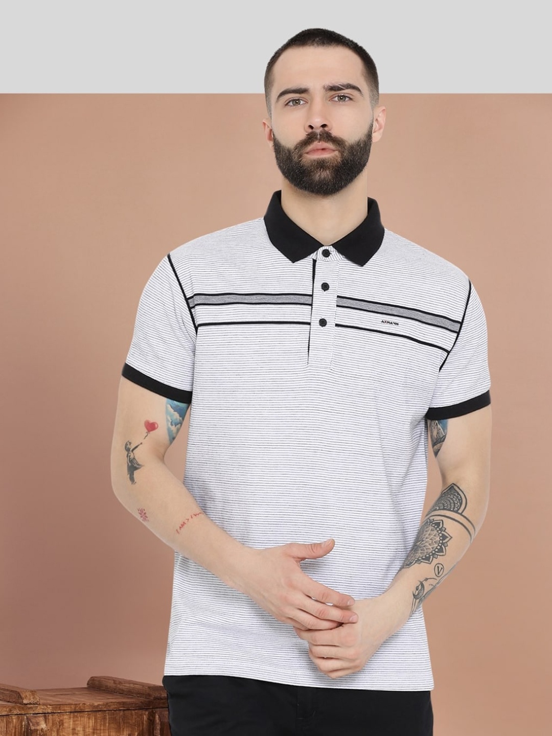 

AXMANN Striped Cotton Polo Collar Short Sleeves Pockets Casual T-shirt, White