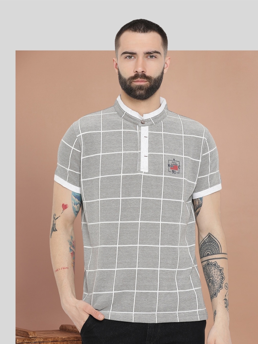 

AXMANN Checked Mandarin Collar Short Sleeves Cotton T-shirt, White