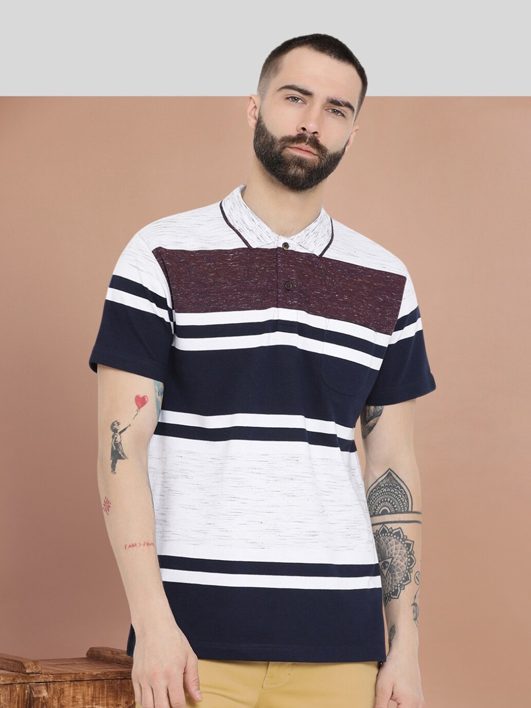 

AXMANN Striped Polo Collar Short Sleeves Cotton T-shirt, Grey