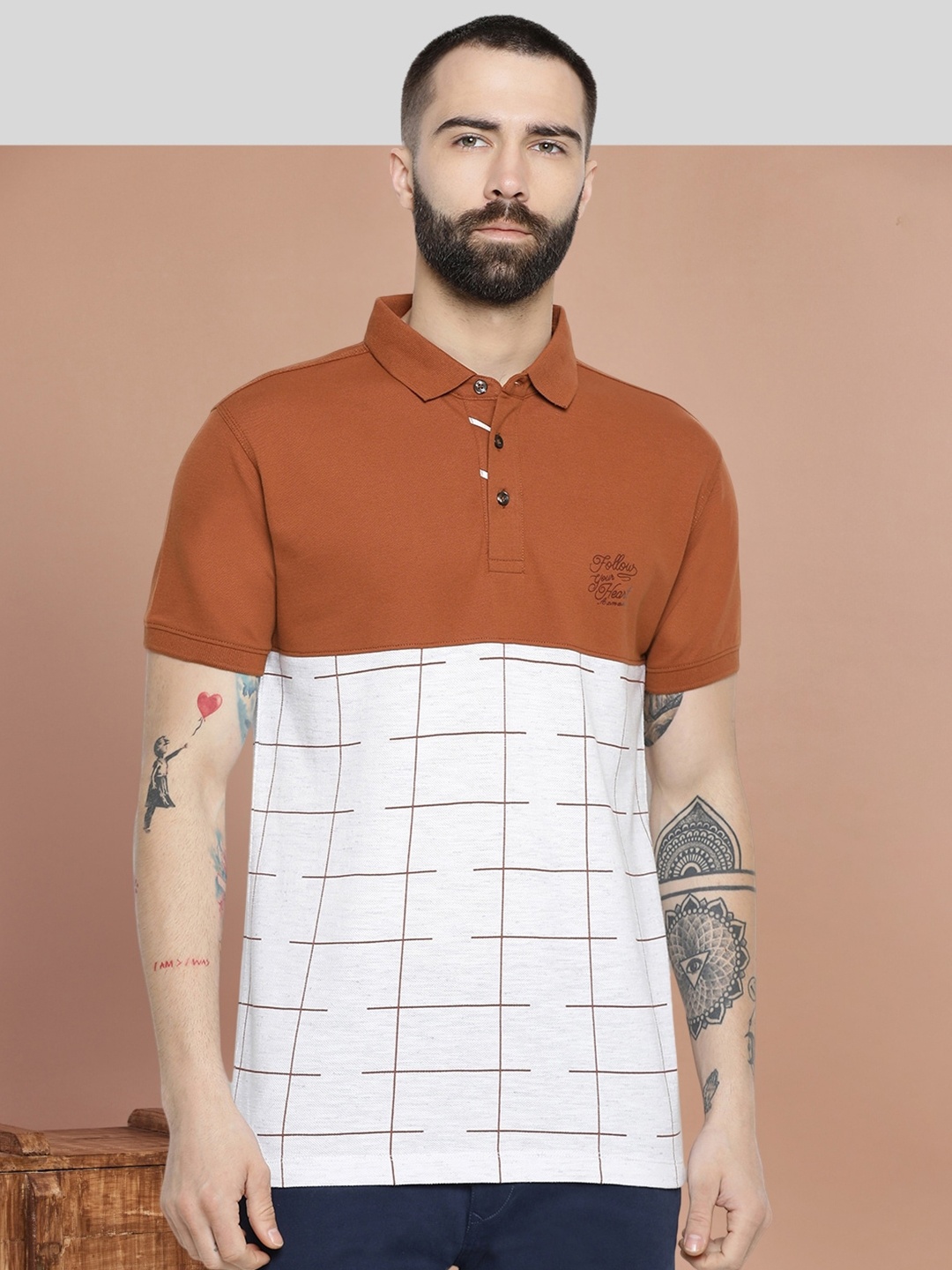 

AXMANN Checked Polo Collar Short Sleeves Cotton T-shirt, Rust