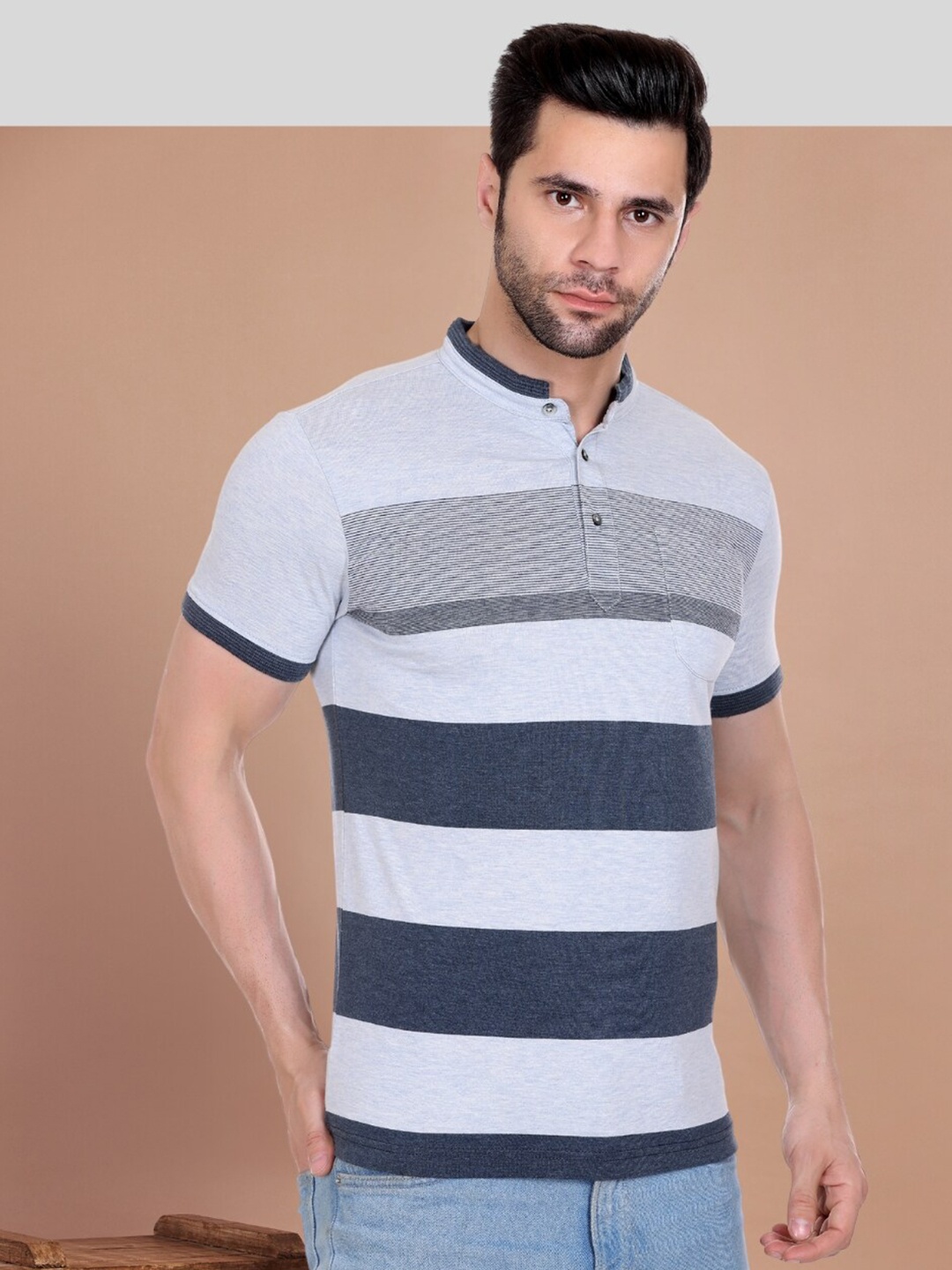 

AXMANN Striped Mandarin Collar Short Sleeves Cotton T-shirt, Blue
