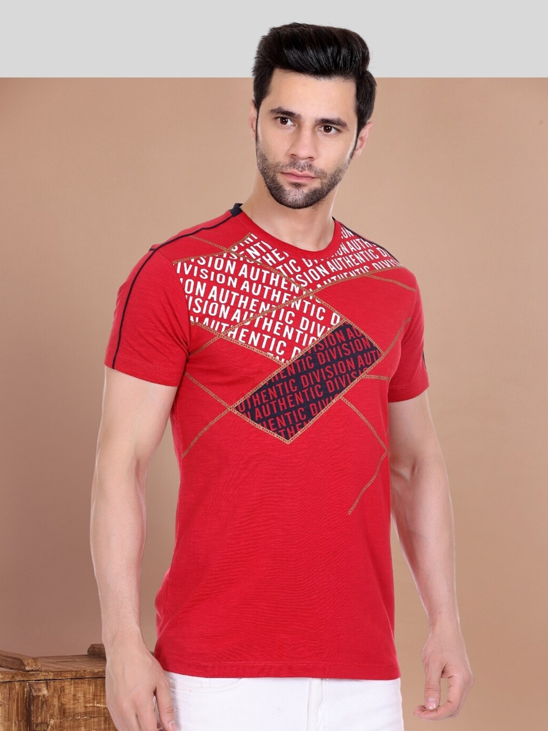 

AXMANN Typography Printed Round Neck Short Sleeves Cotton T-shirt, Red