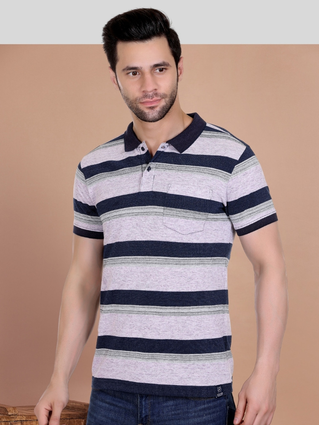 

AXMANN Striped Polo Collar Short Sleeves Cotton T-shirt, Black