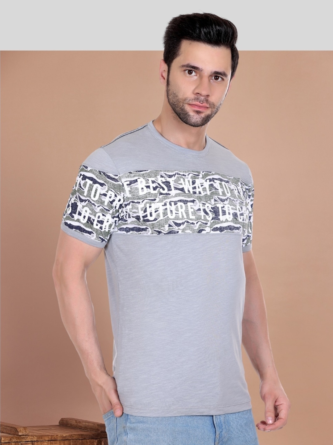 

AXMANN Typography Printed Round Neck Short Sleeves Cotton T-shirt, Grey