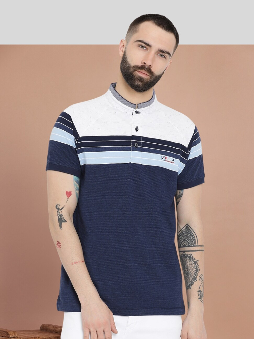 

AXMANN Striped Mandarin Collar Short Sleeves Cotton T-shirt, Navy blue