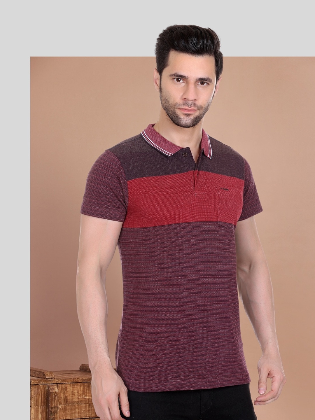 

AXMANN Striped Polo Collar Short Sleeves Cotton T-shirt, Maroon