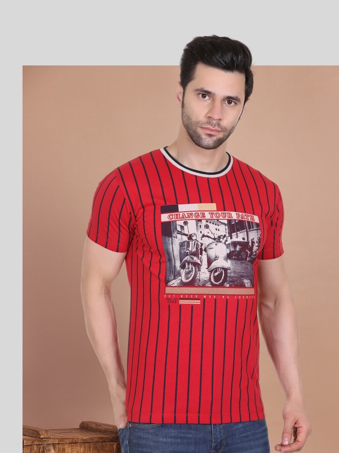 

AXMANN Graphic Printed Round Neck Short Sleeves Cotton T-shirt, Red