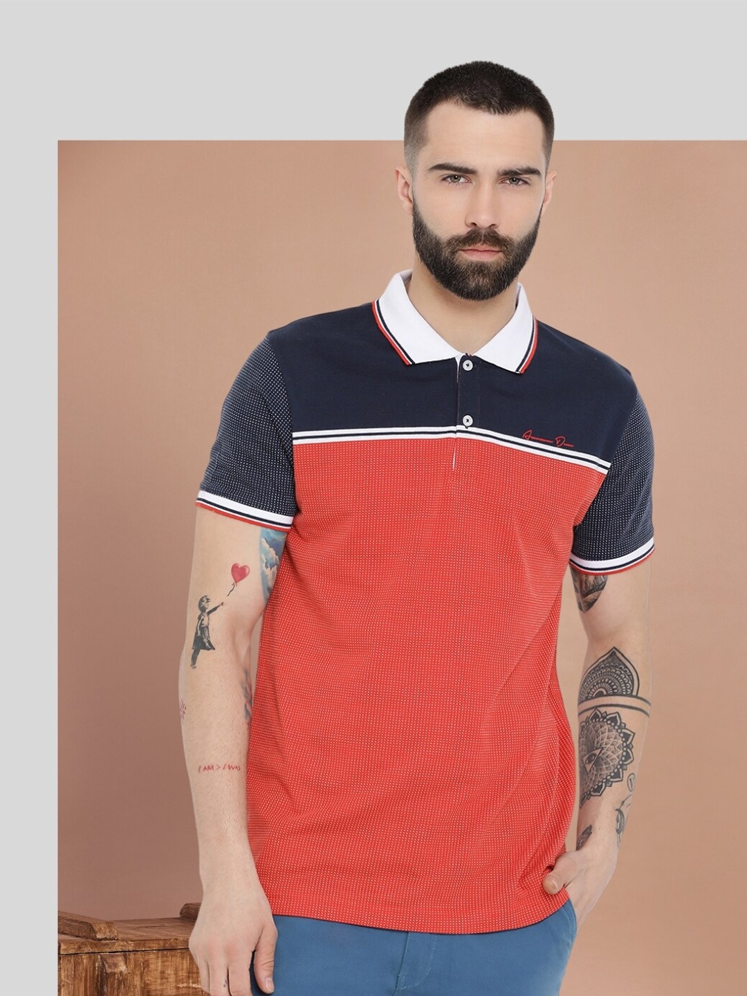 

AXMANN Colourblocked Polo Collar Short Sleeves Cotton T-shirt, Red