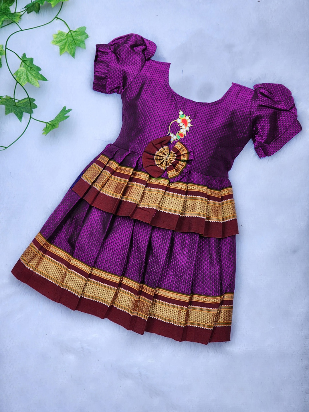 

BAESD Infant Girls Printed Puff Sleeves Cotton Fit & Flare Ethnic Dresses, Purple