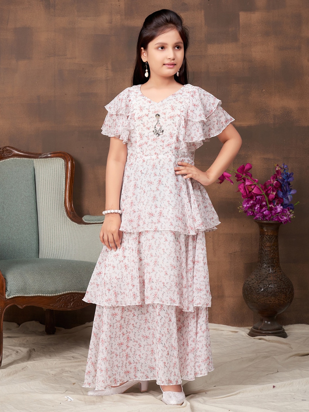 BAESD Girls Floral Print Round Neck Flared Sleeves Georgette Layered Maxi Dress, White