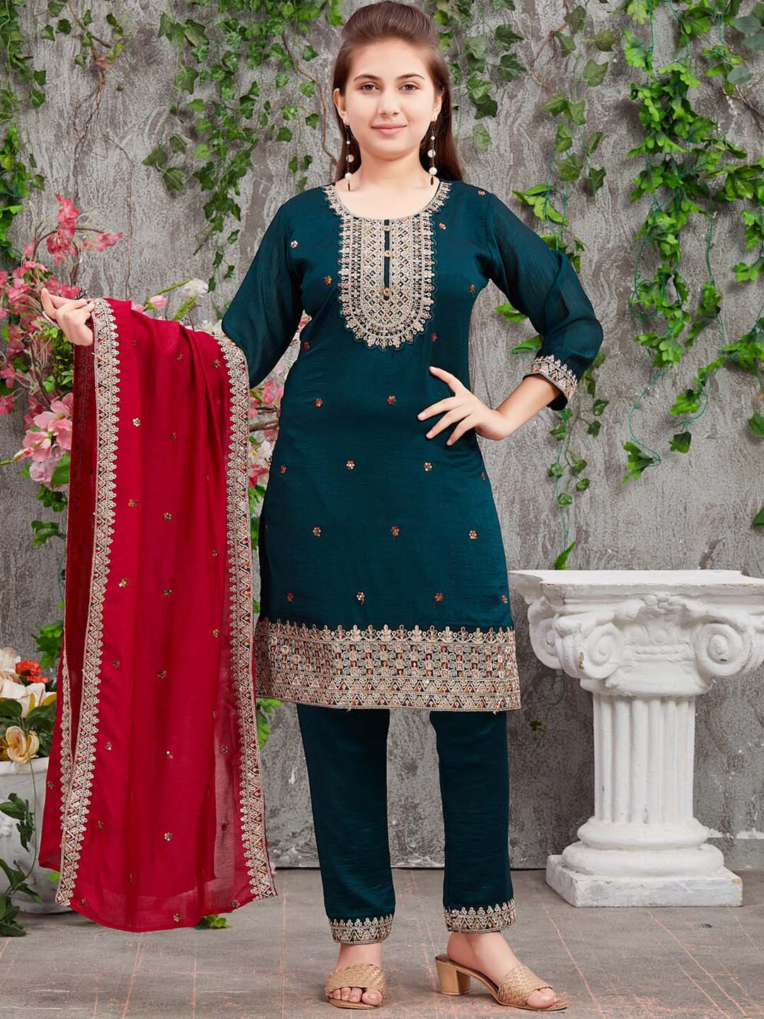 

BAESD Girls Ethnic Motifs Embroidered Pure Silk Kurta With Trousers & Dupatta, Green