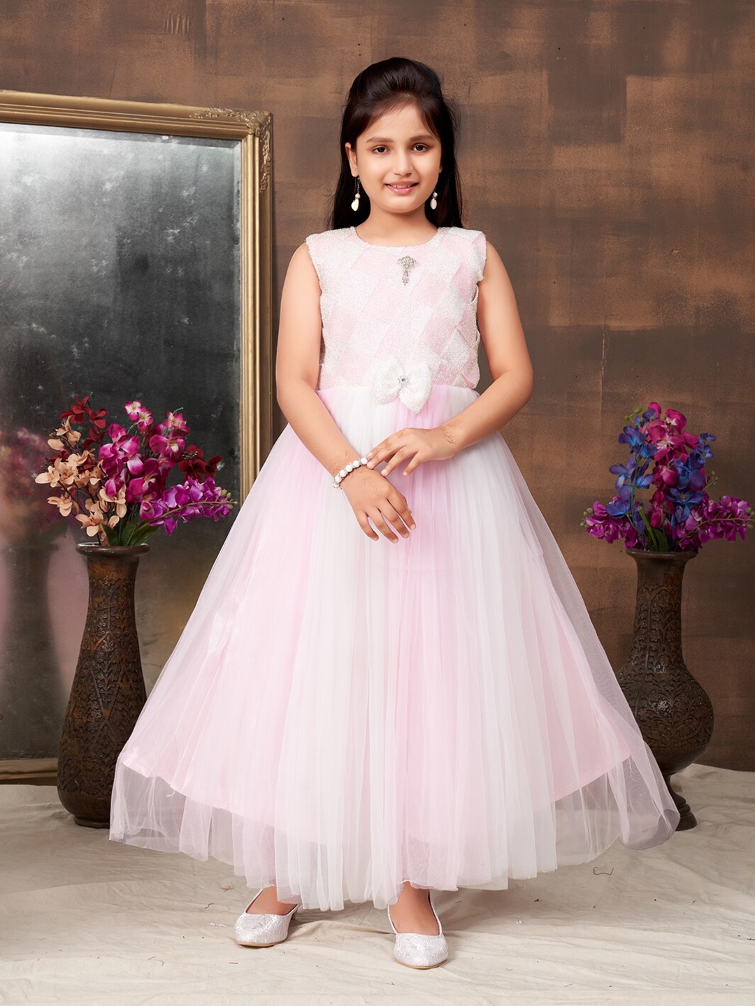 

BAESD Girls Self Design Round Neck Sleeveless Net Fit & Flare Dress, Pink