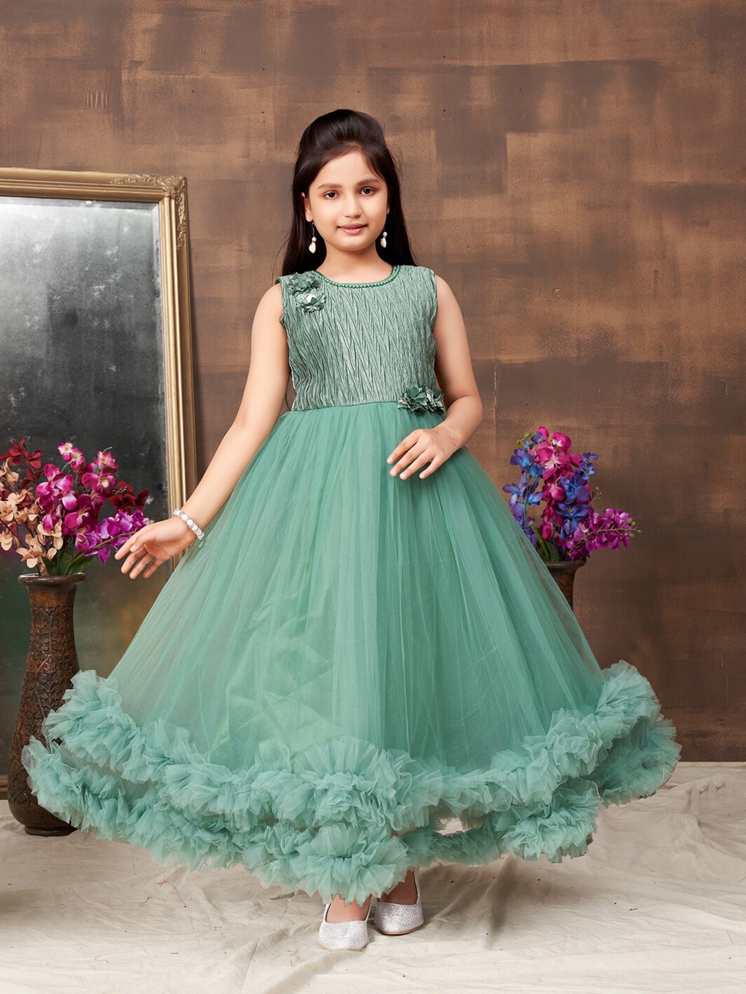 

BAESD Girls Self Design Round Neck Sleeveless Net Fit & Flare Dress, Green