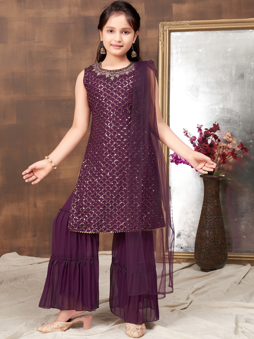 

BAESD Girls Geometric Embroidered Sequinned Straight Kurta & Sharara With Dupatta, Purple