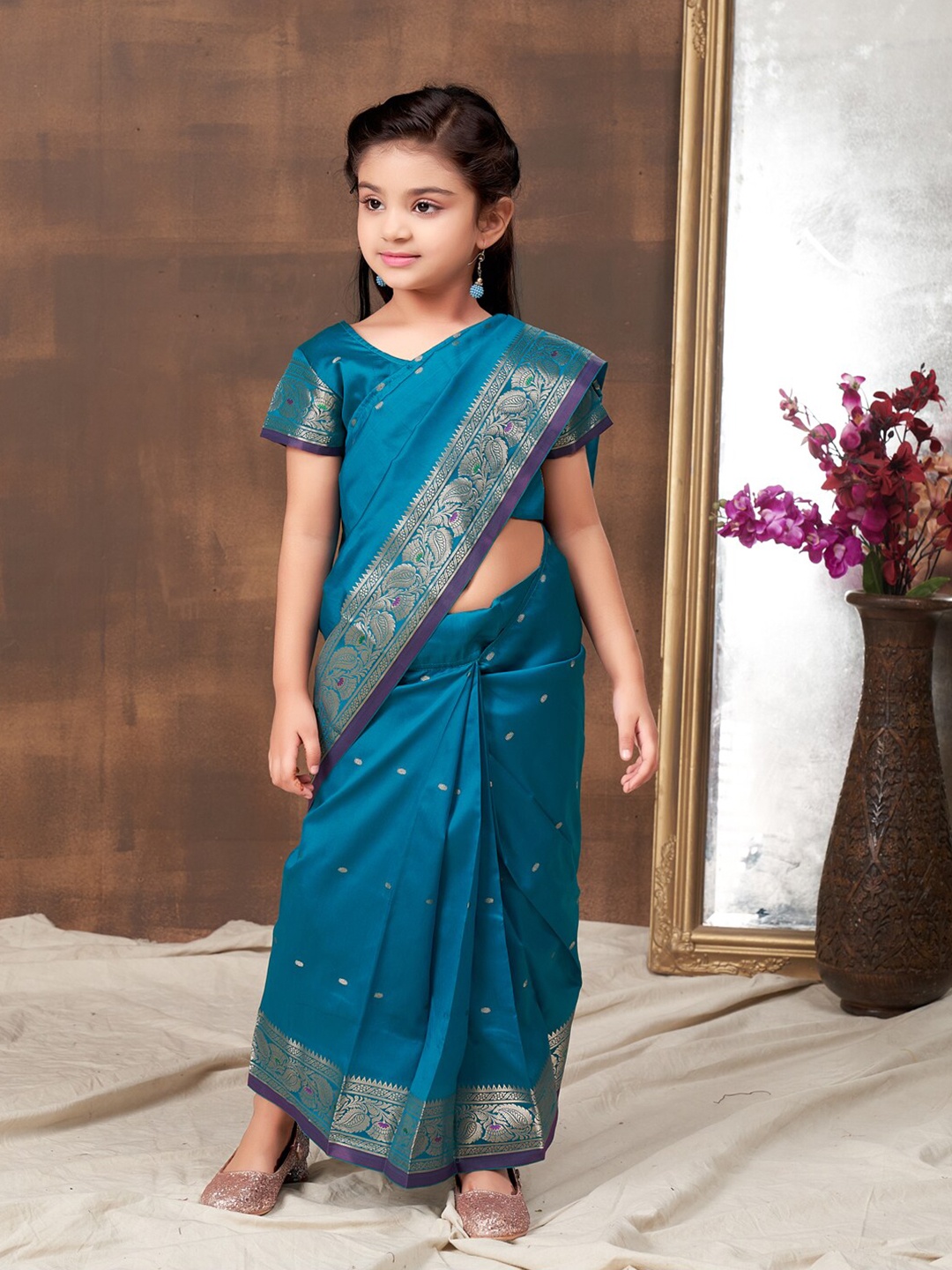 

BAESD Girls Ethnic Motifs Woven Design Zari Pure Silk Read To Wear Saree With Blouse, Teal