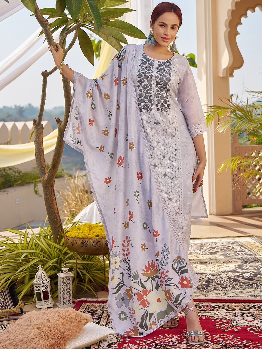 

Sangria Embroidered Pure Cotton Straight Kurta With Trouser & Dupatta, Grey