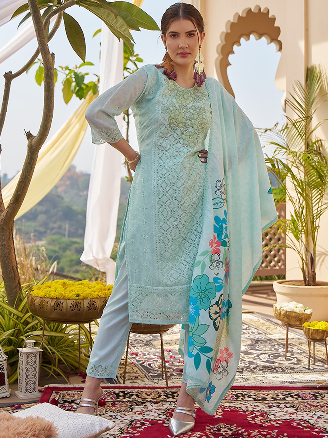 

Sangria Chikankari Pure Cotton Round Neck Straight Kurta With Trousers & Dupatta, Turquoise blue