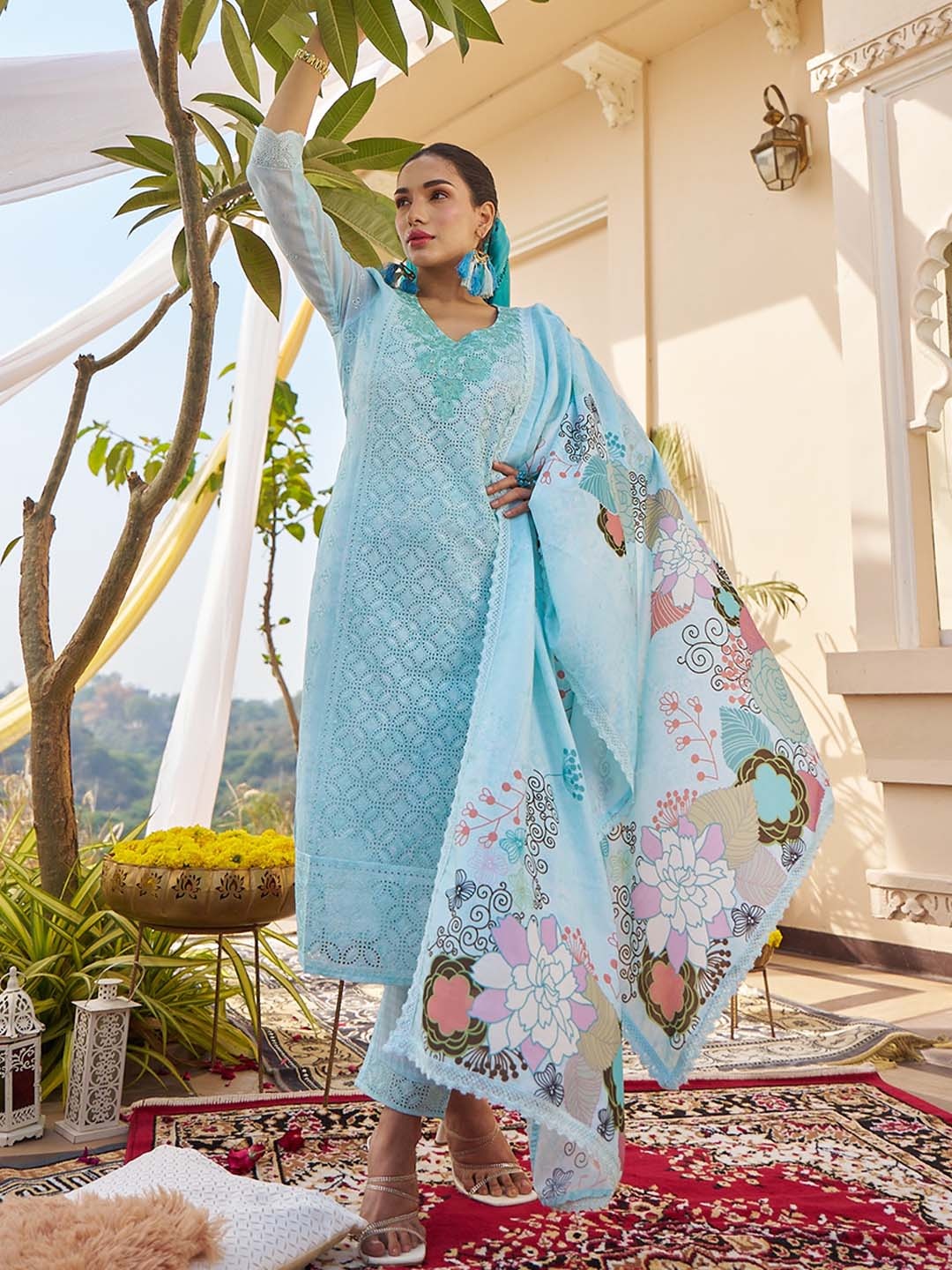 

Sangria Embroidered Pure Cotton Straight Kurta With Trouser & Dupatta, Blue