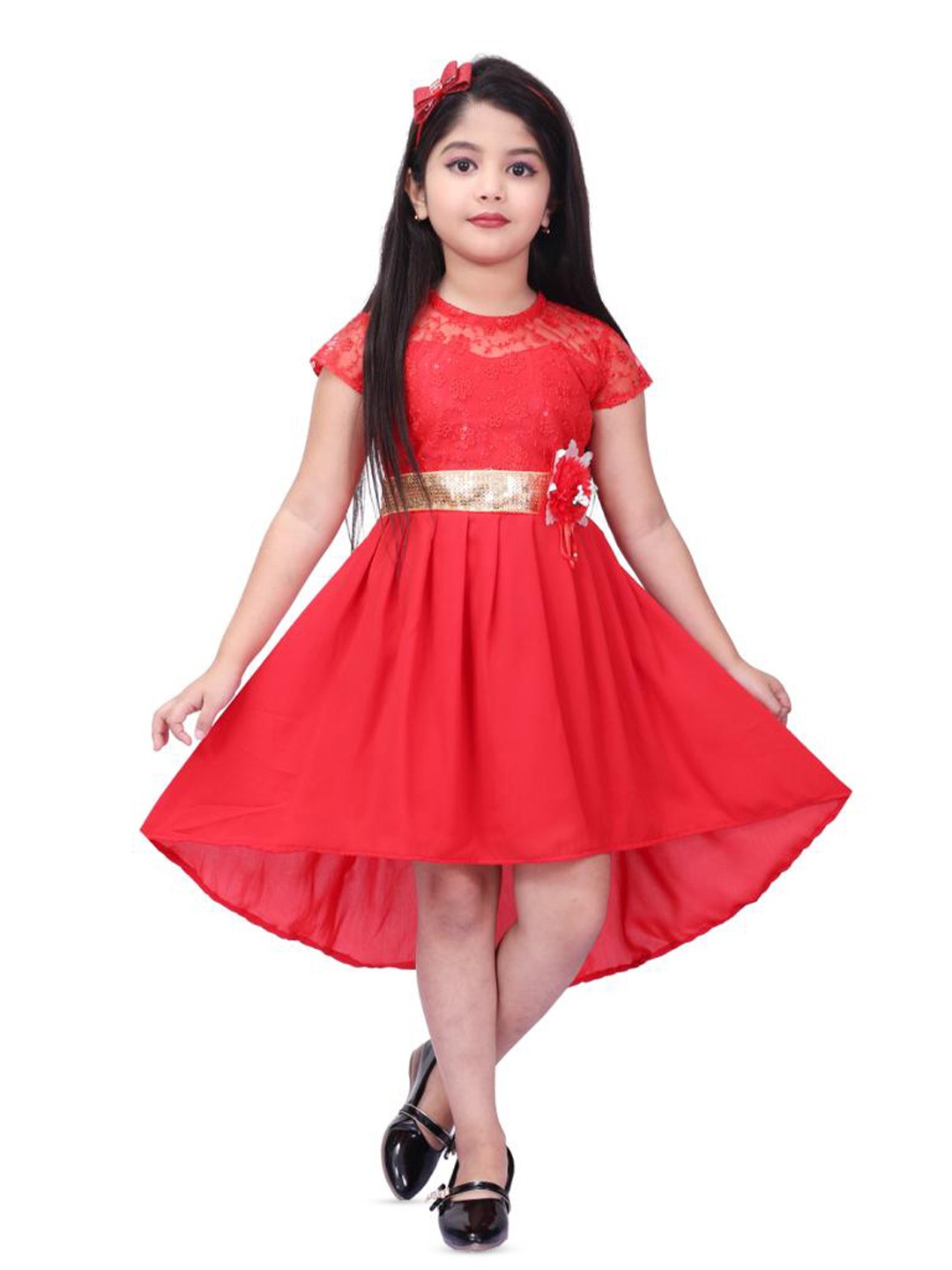 

BAESD Girls Self Design Round Neck Sequined Satin Fit & Flare Dress, Red