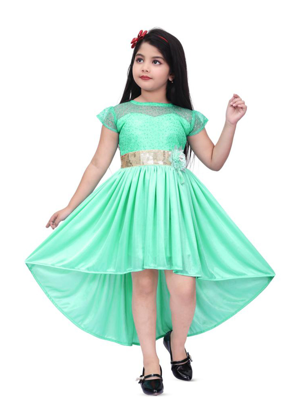 

BAESD Girls Self Design Round Neck Sequined Satin Fit & Flare Dress, Green