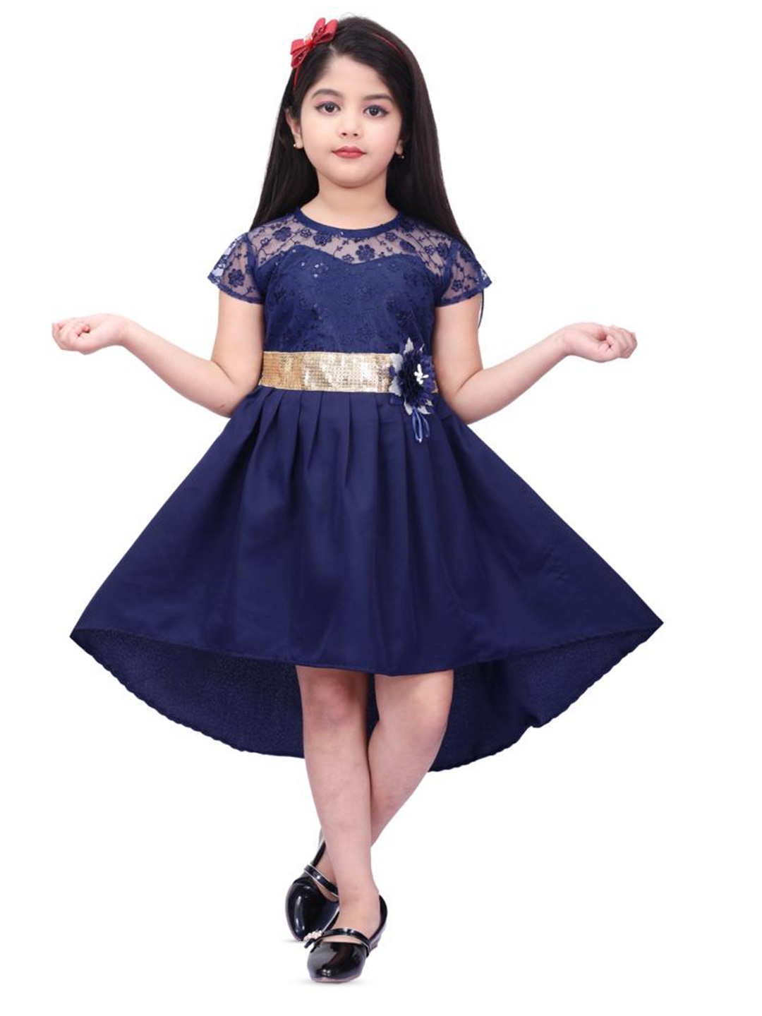 

BAESD Girls Self Design Round Neck Sequined Satin Fit & Flare Dress, Blue