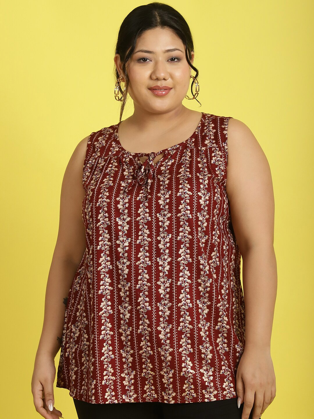 

theRebelinme Printed Tie-Up Neck Plus Size Top, Maroon