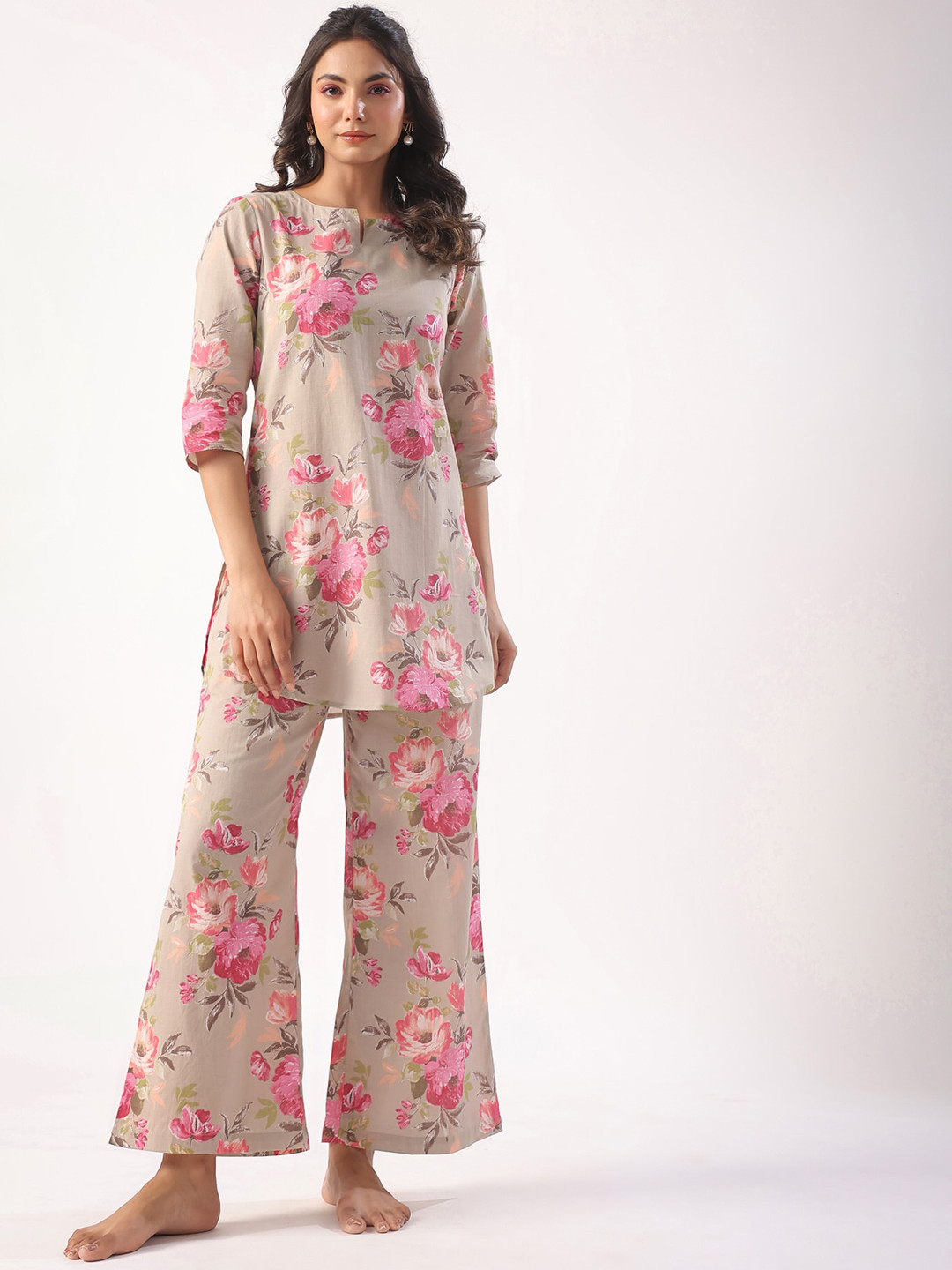 

JISORA Floral Printed Night suit, Grey