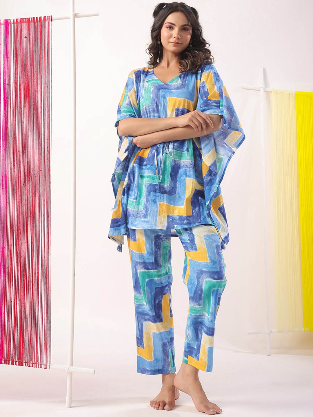 

JISORA Geometric Printed Night suit, Blue