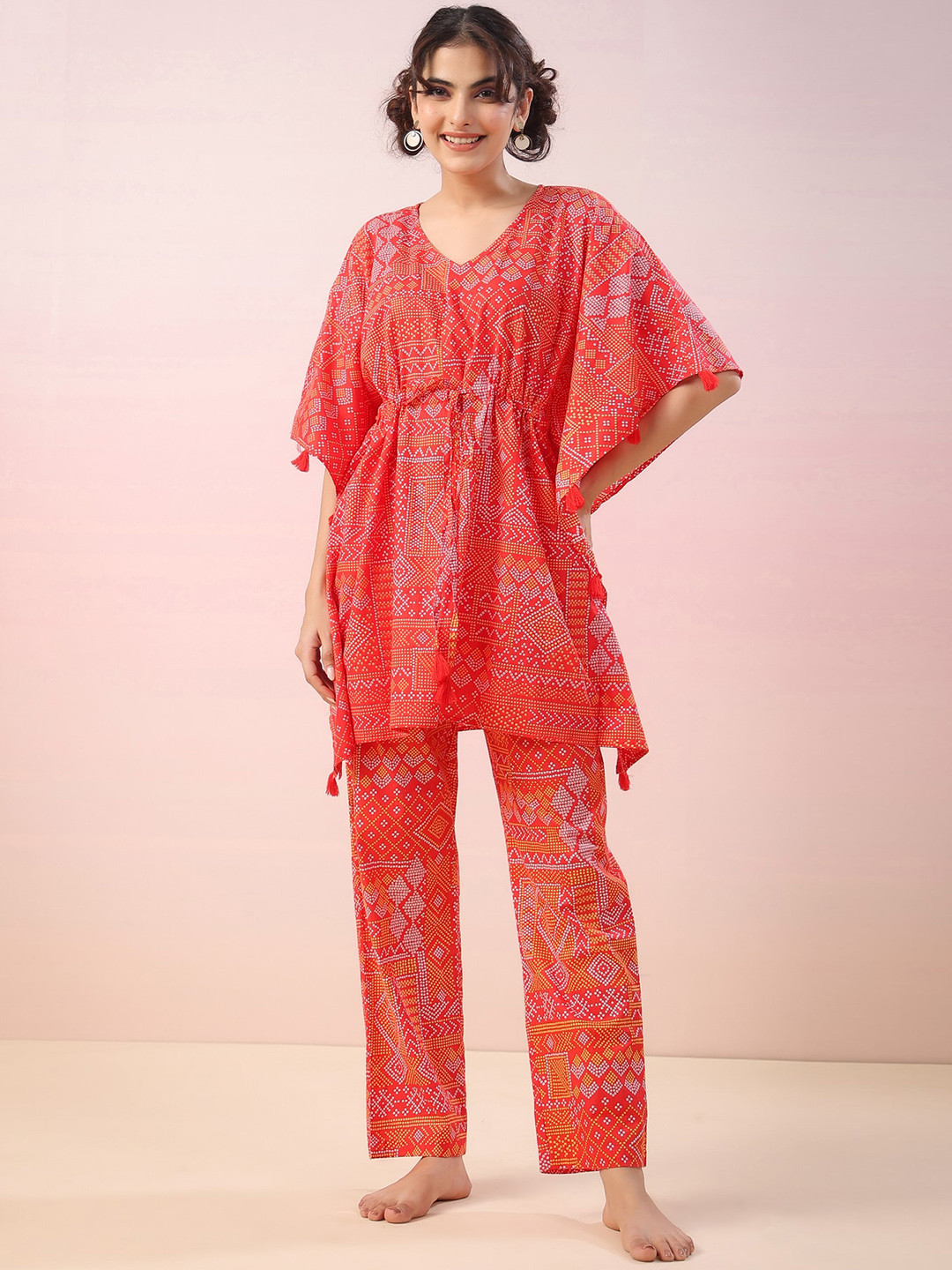 

JISORA Bandhani Printed Night suit, Red