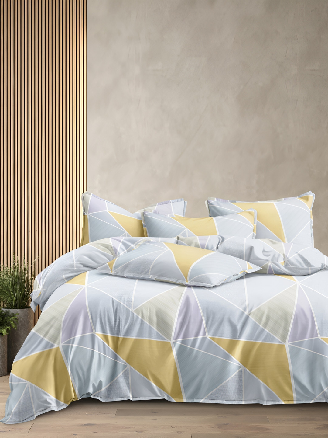 

CHHILAKIYA Grey & Yellow Geometric 350 TC Cotton King Bedsheet with 2 Pillow Covers